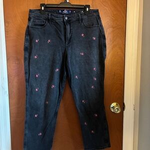 Hollister Black Straight-Leg Jeans with Pink Rose Embroidery